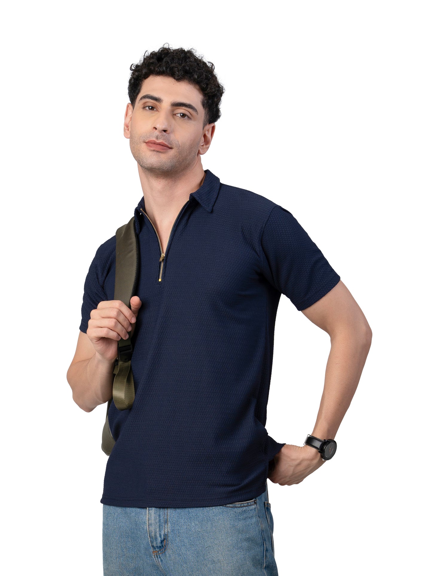 Men's NAVY BLUE Zipper Polo T-Shirt Regular