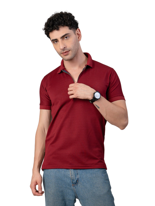 Men's MAROON Zipper Polo T-Shirt Regular