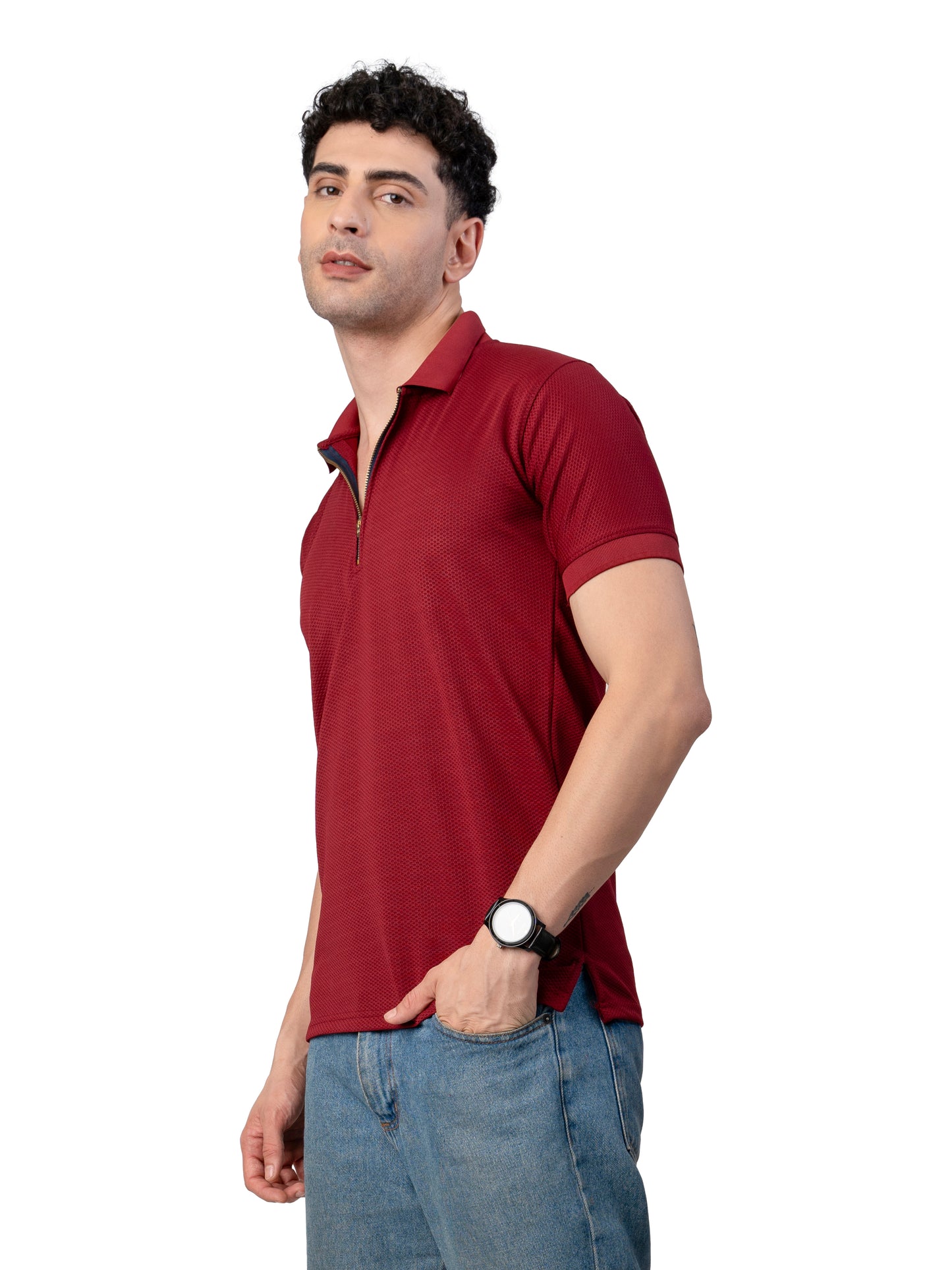 Men's MAROON Zipper Polo T-Shirt Regular