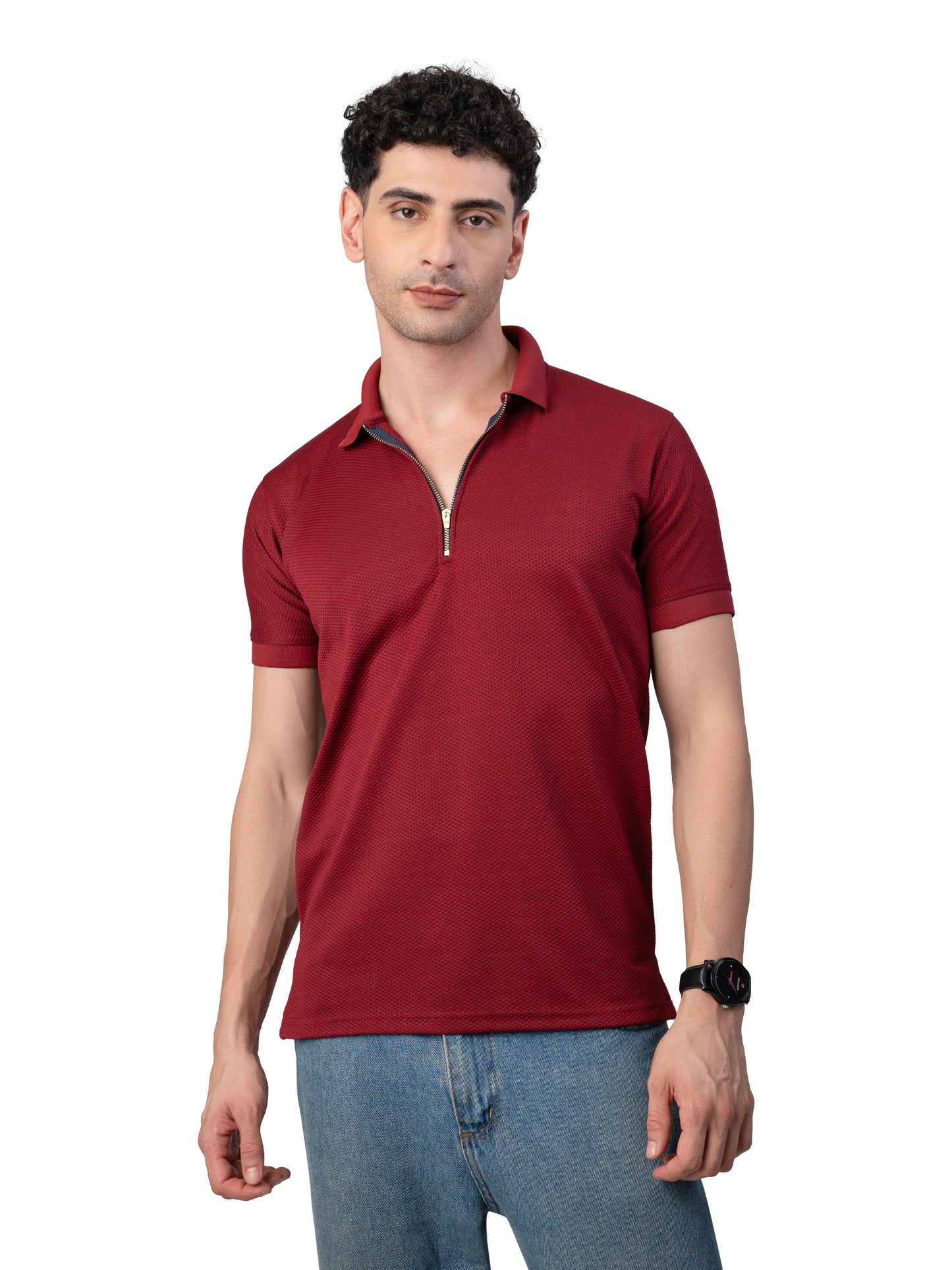 Men's MAROON Zipper Polo T-Shirt Regular