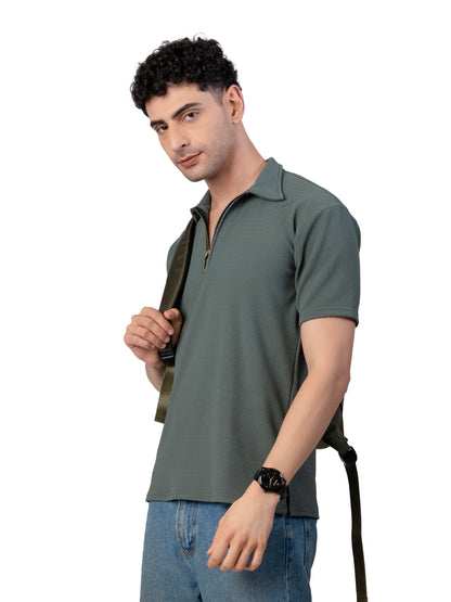 Men's OLIVE GREEN Zipper Polo T-Shirt Regular