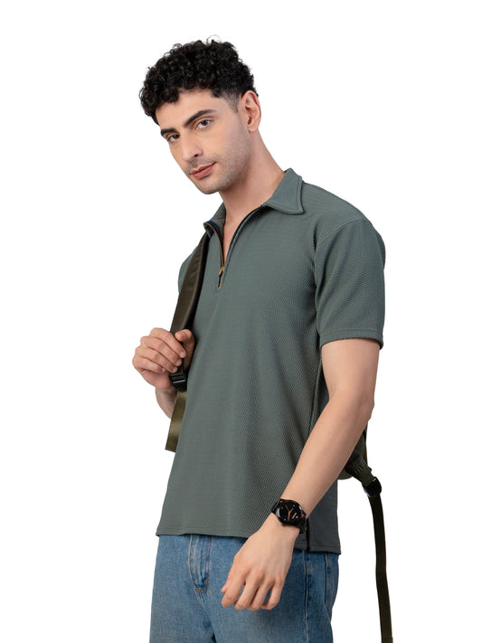 Men's OLIVE GREEN Zipper Polo T-Shirt Regular