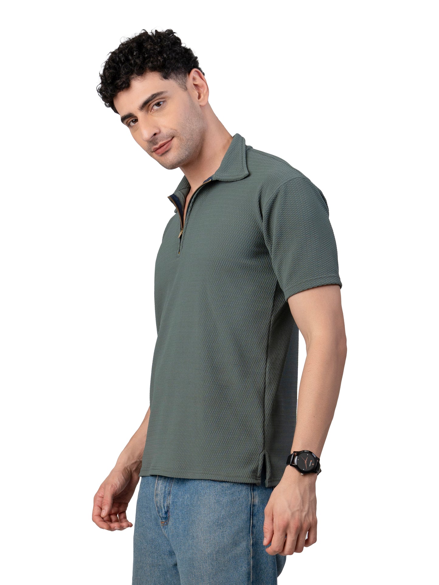 Men's OLIVE GREEN Zipper Polo T-Shirt Regular