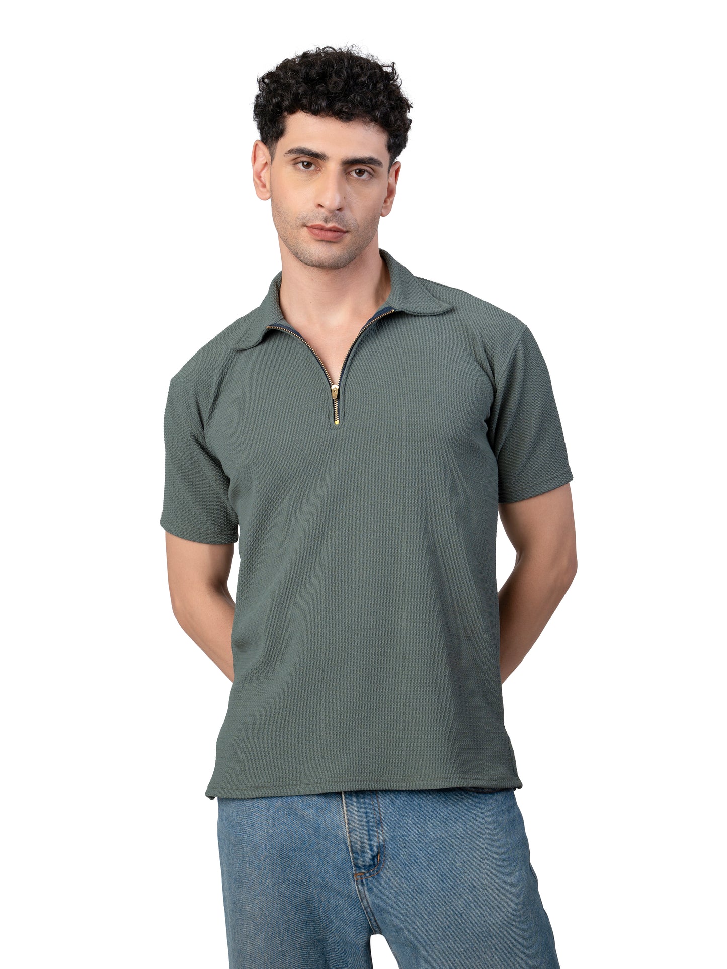 Men's OLIVE GREEN Zipper Polo T-Shirt Regular