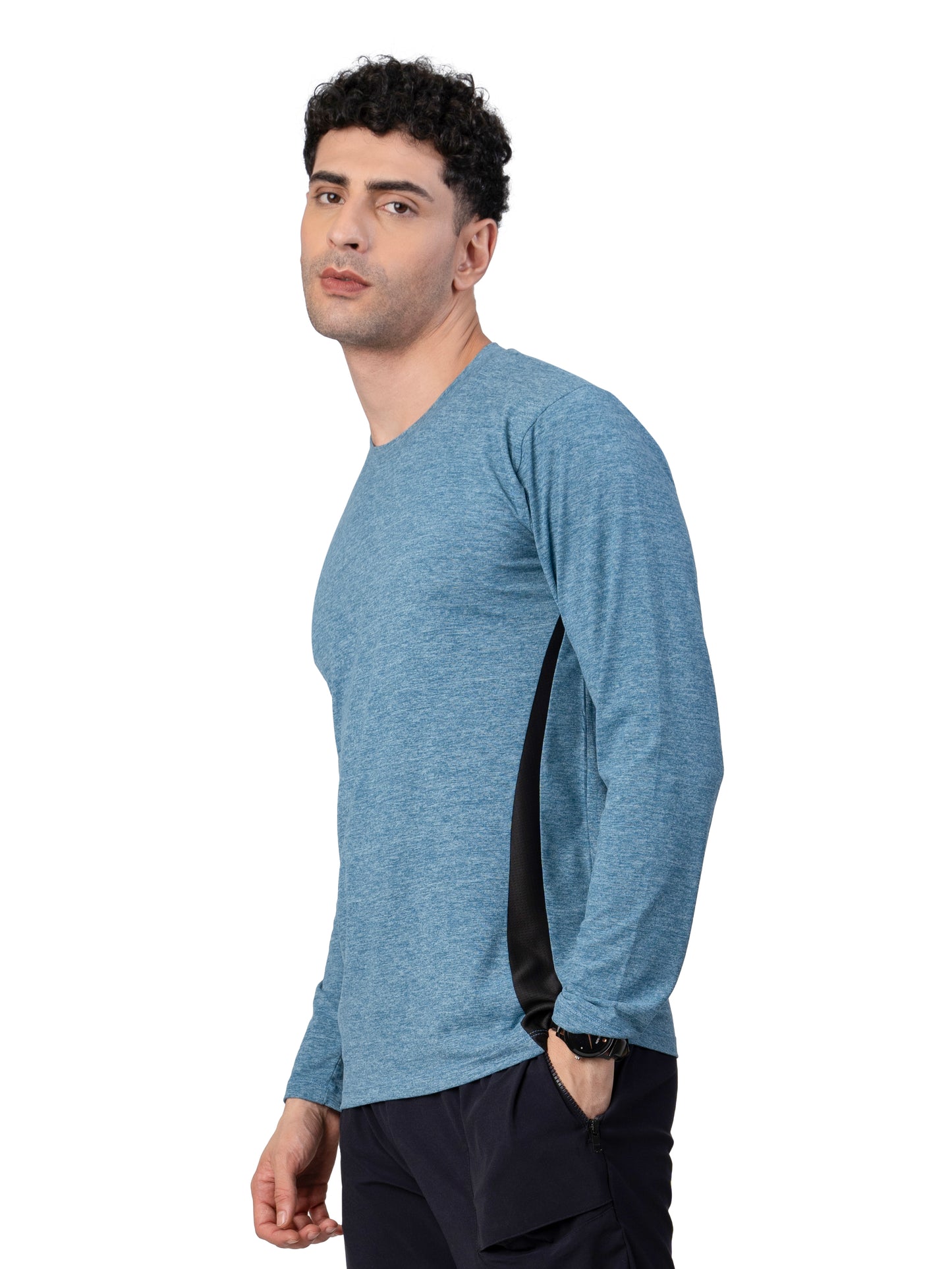 Men's BLUE MELANGE Full Sleeve Activewear T-SHIRT