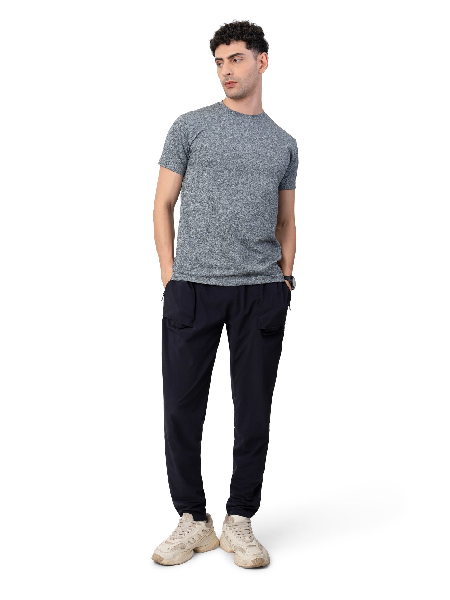 Men's CHARCOAL  MELANGE Polyster Solid Regular Fit T-SHIRT