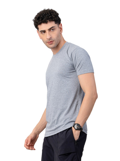 Men's GREY MELANGE Polyster Solid Regular Fit T-SHIRT