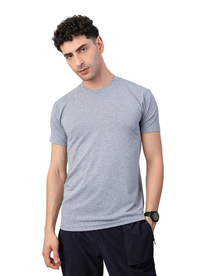 Men's GREY MELANGE Polyster Solid Regular Fit T-SHIRT