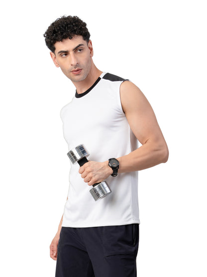 Men's WHITE Zero Sleeve Active GYM T-SHIRT