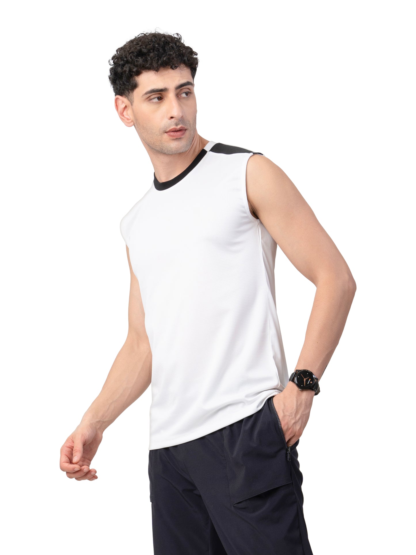 Men's WHITE Zero Sleeve Active GYM T-SHIRT