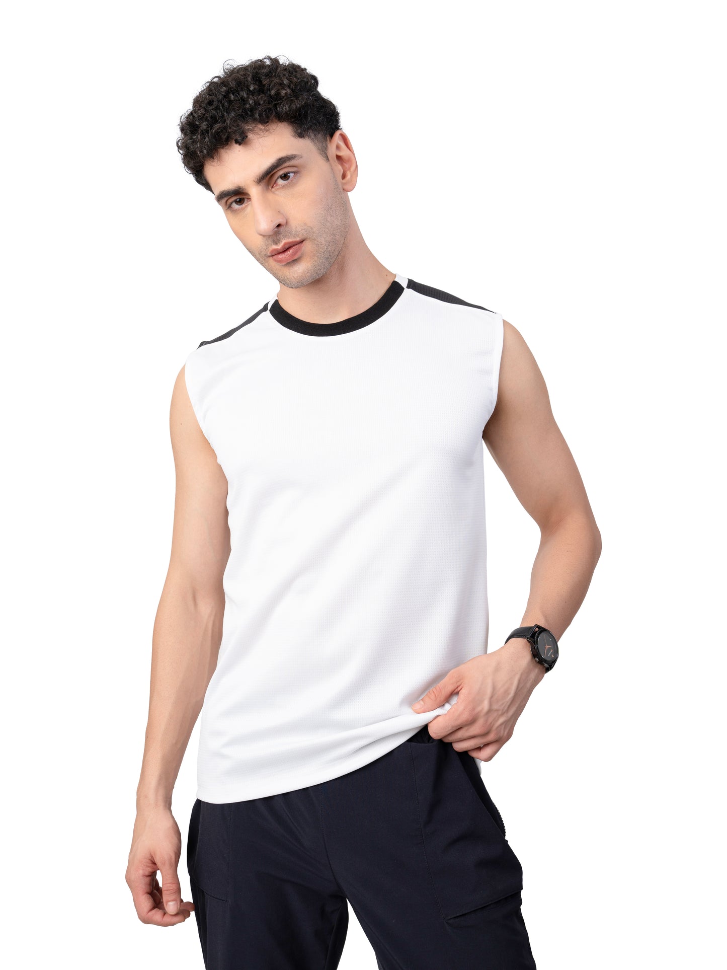 Men's WHITE Zero Sleeve Active GYM T-SHIRT