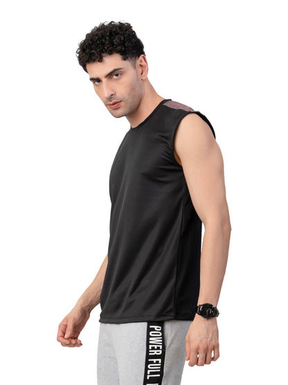 Men's BLACK Zero Sleeve Active GYM T-SHIRT