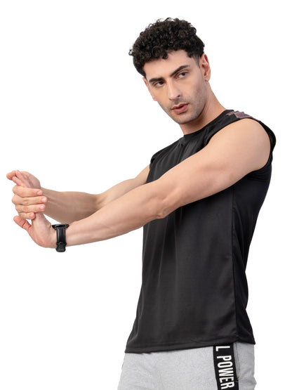 Men's BLACK Zero Sleeve Active GYM T-SHIRT