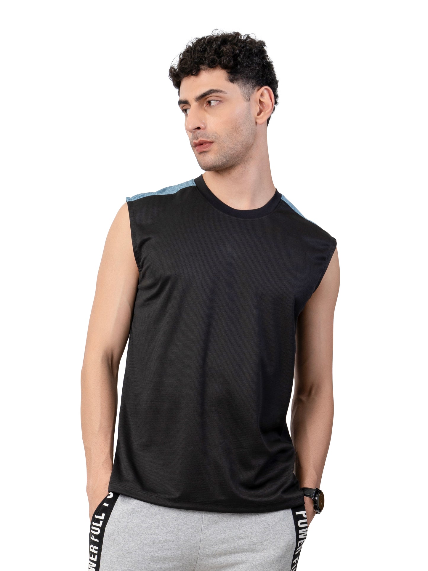 Men's BLACK-BLUE MELANGE Zero Sleeve Active GYM T-SHIRT