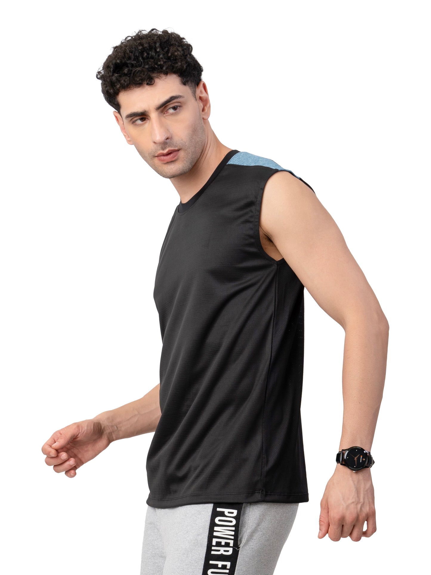 Men's BLACK-BLUE MELANGE Zero Sleeve Active GYM T-SHIRT