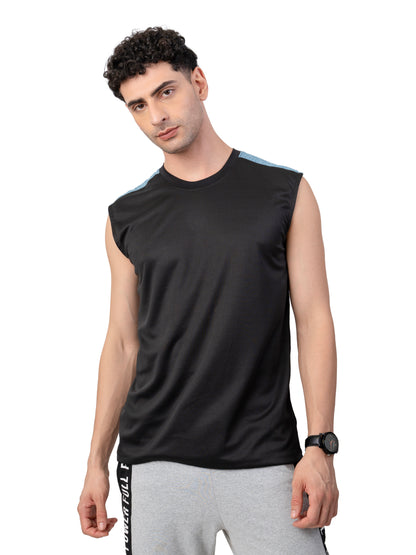 Men's BLACK-BLUE MELANGE Zero Sleeve Active GYM T-SHIRT