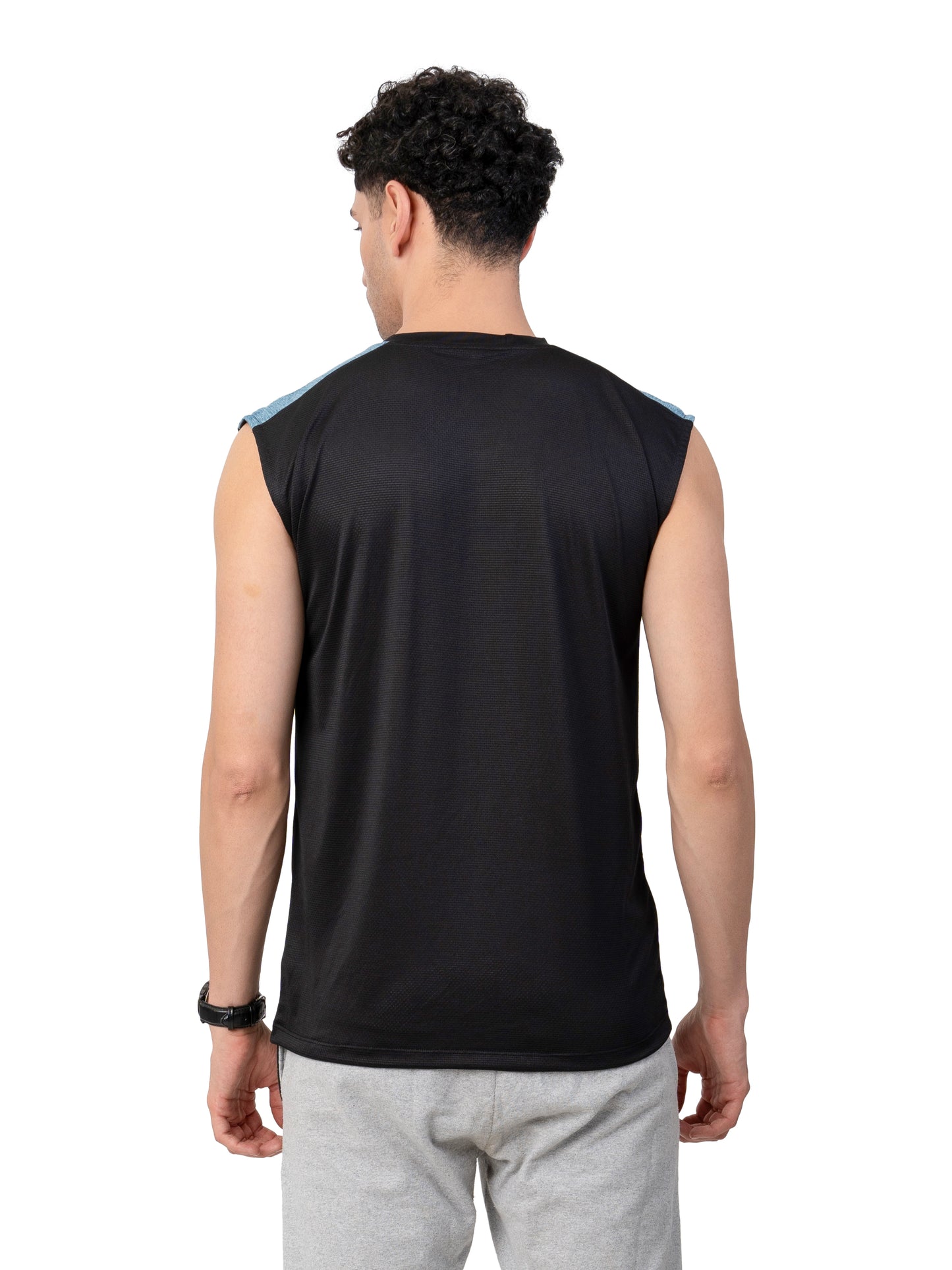 Men's BLACK-BLUE MELANGE Zero Sleeve Active GYM T-SHIRT